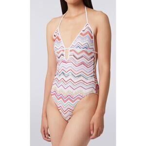 MISSONI SIZE 44 US 8 HALTER PLUNGE ZIGZAG KNIT ONE PIECE SWIMSUIT MULTI NEW
